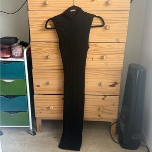 Pink Rose Black Ribbed Midi Dress